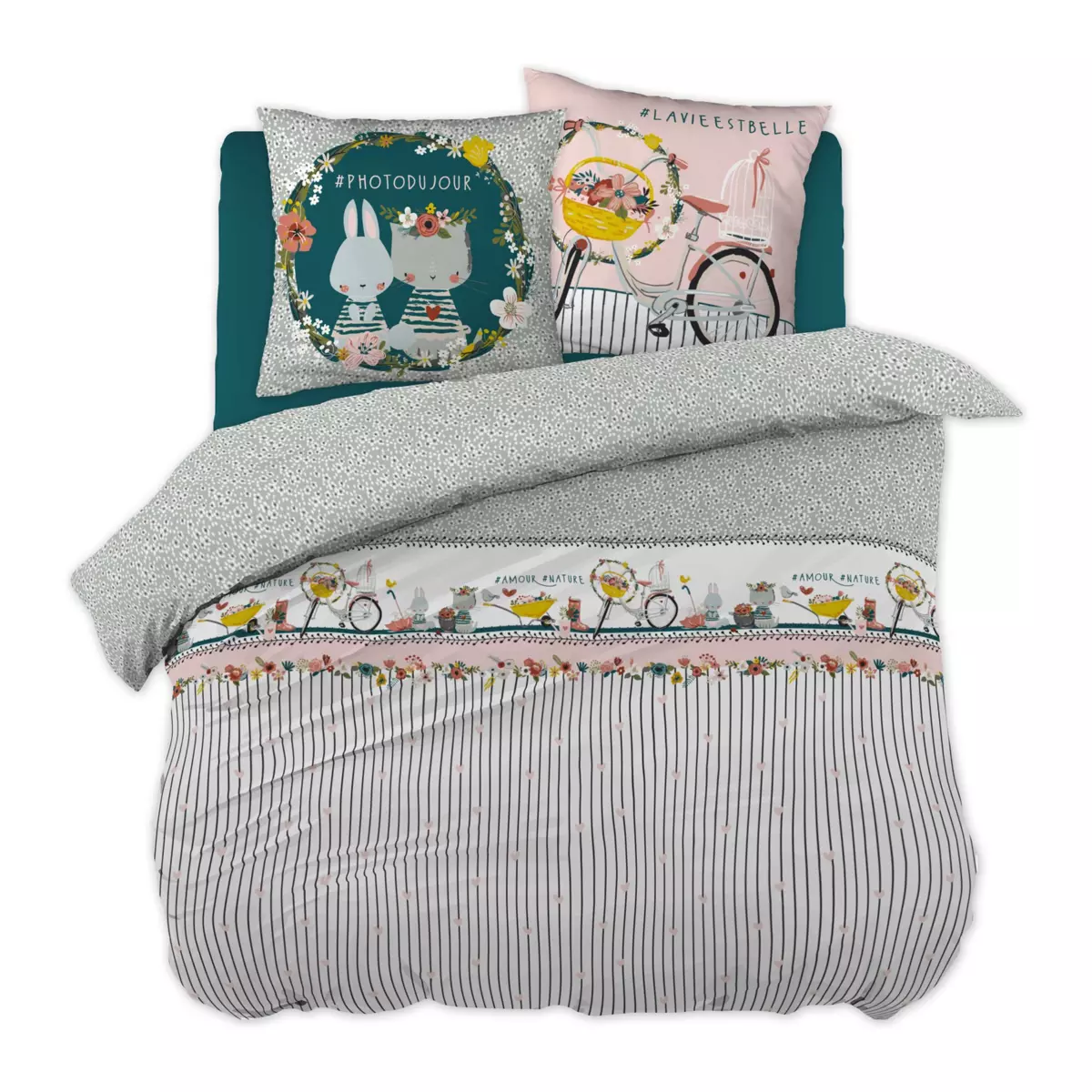 Housse de couette et deux taies enfant coton (240 cm) Jardinage Multicolore 7