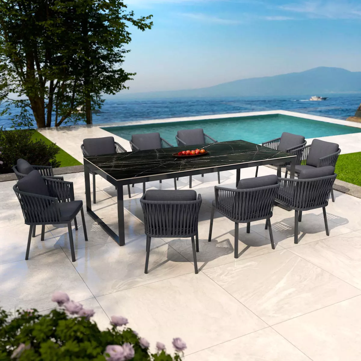 Table de jardin 10 places Aluminium/Céramique Kore (240 x 120 cm) - Noir/Noir marbré 1