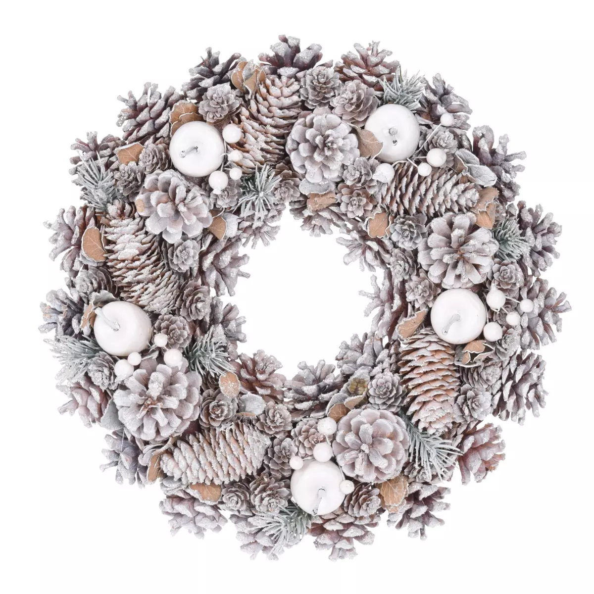Couronne de Noël décorée Pomme de pin Blanc givré 1