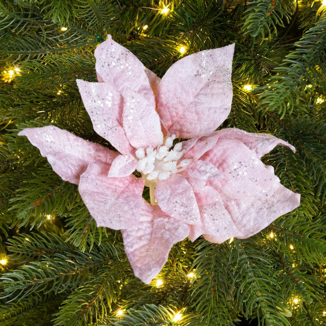 Poinsettia de Noël Velours  sur clip Rose poudré 1