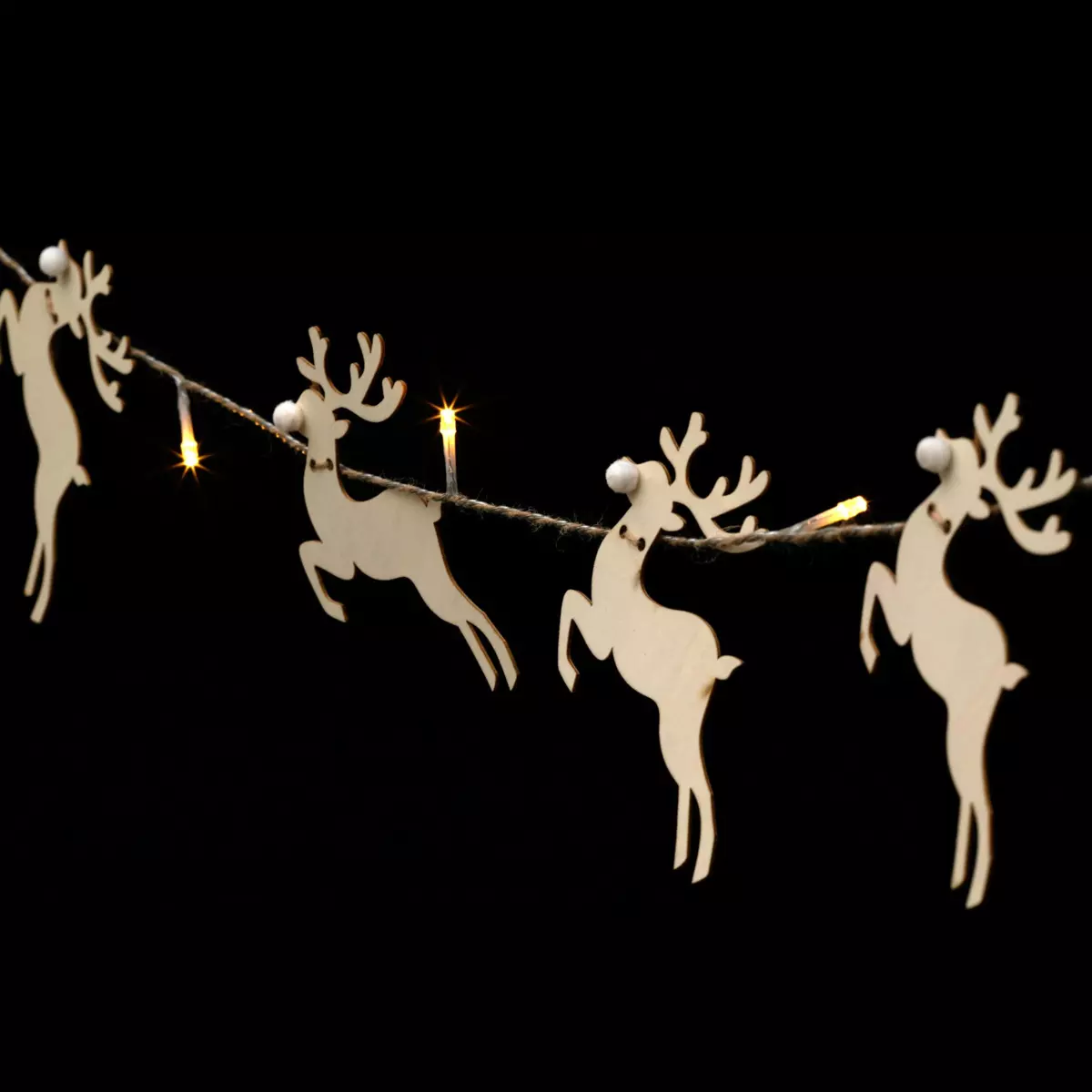Luces de Navidad Pilote de madera Pompones de Rennes Blanco cálido 1