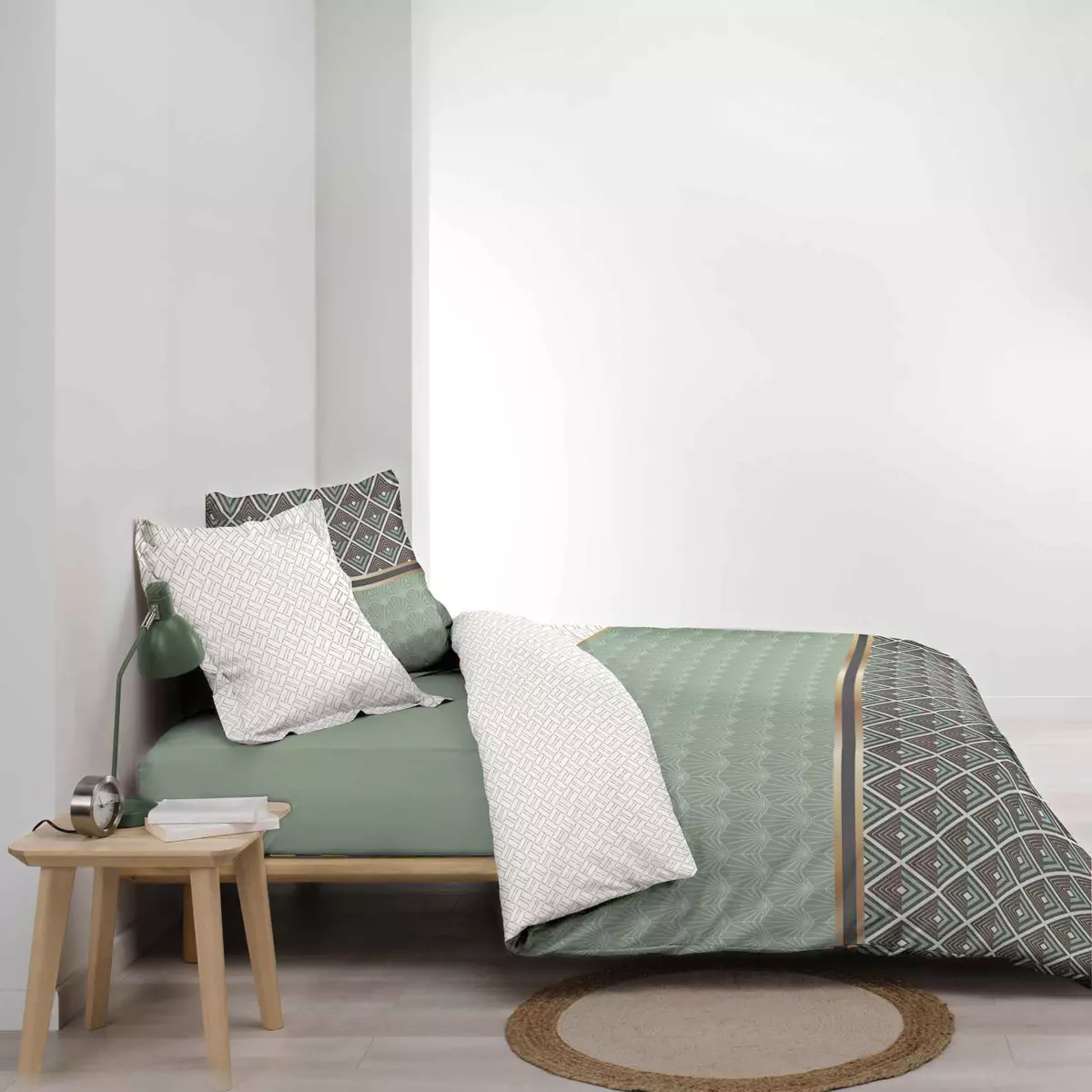 Housse de couette et deux taies percale de coton (260 cm) Belor Verte 2