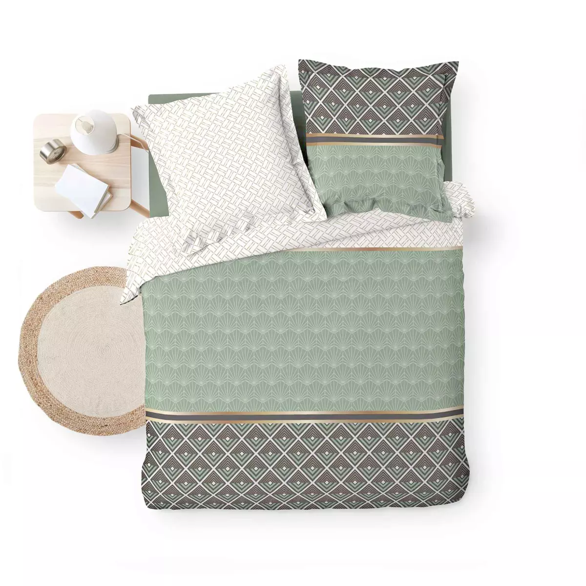 Housse de couette et deux taies percale de coton (260 cm) Belor Verte 5