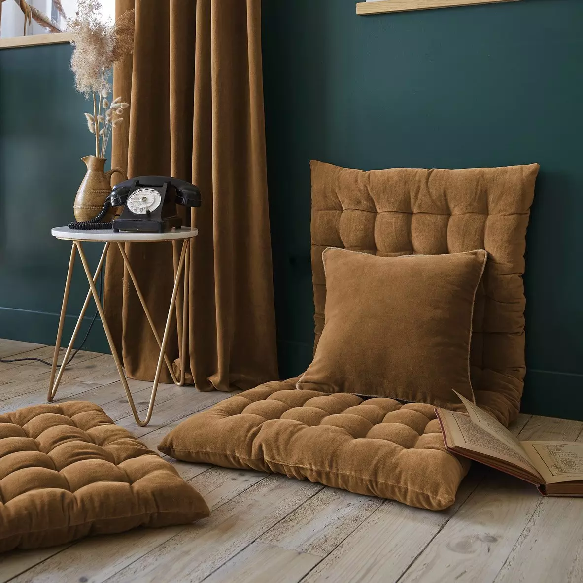 Coussin carré velours de coton (45 cm) César Camel 3