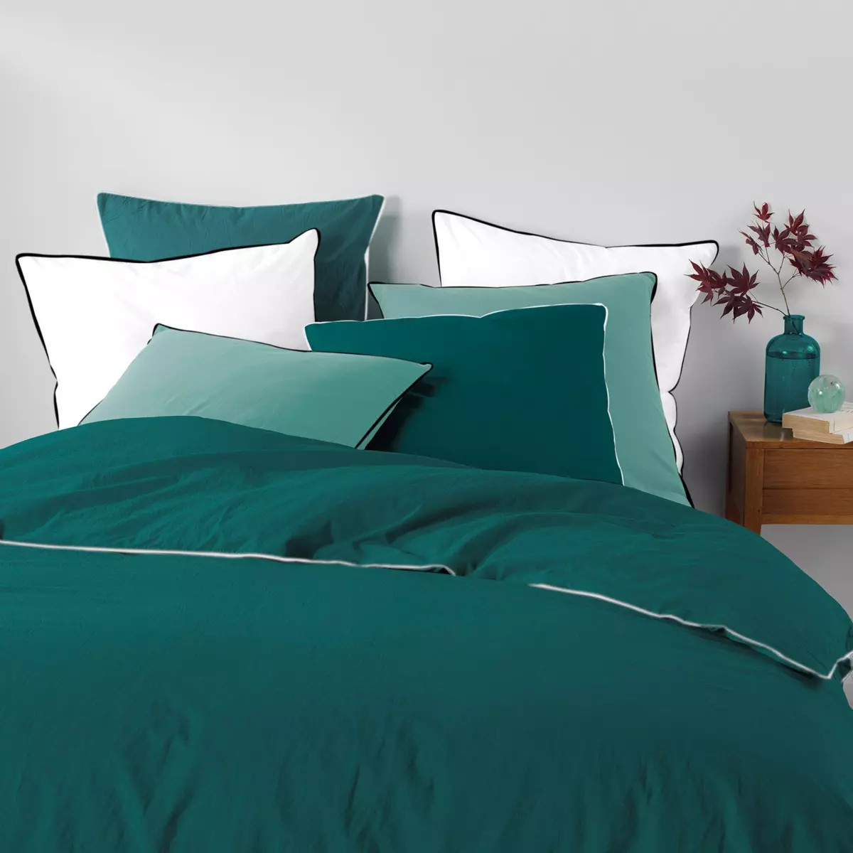 Housse de couette et deux taies coton lavé (240 cm) Linette Bleu pétrole 2