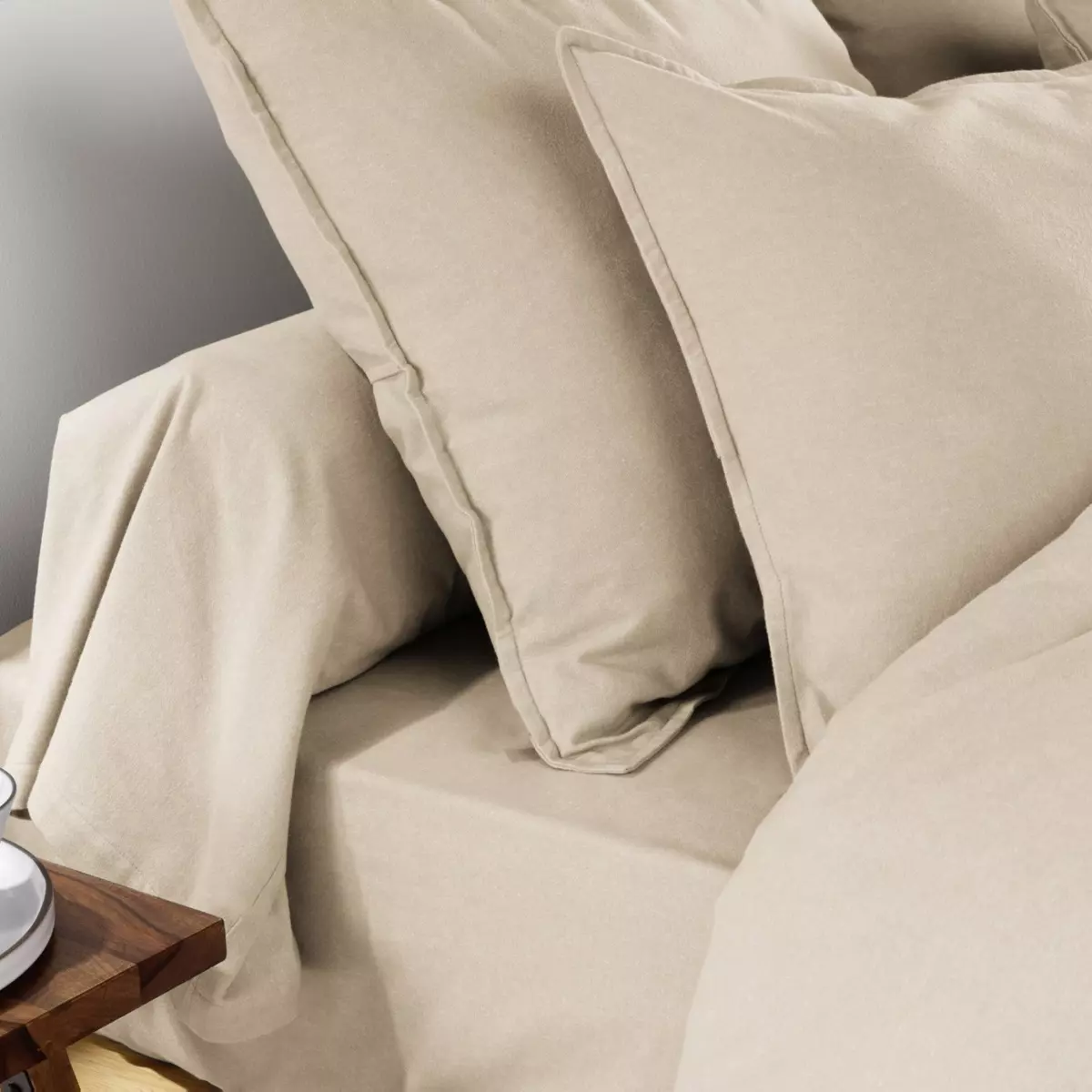 Quadratischer Kopfkissenbezug aus Flanell (63 cm) Théa Beige 2