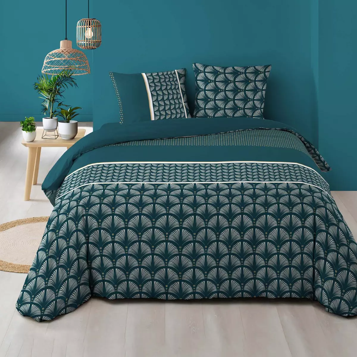 Housse de couette et deux taies coton (240 cm) Houston Bleue 1