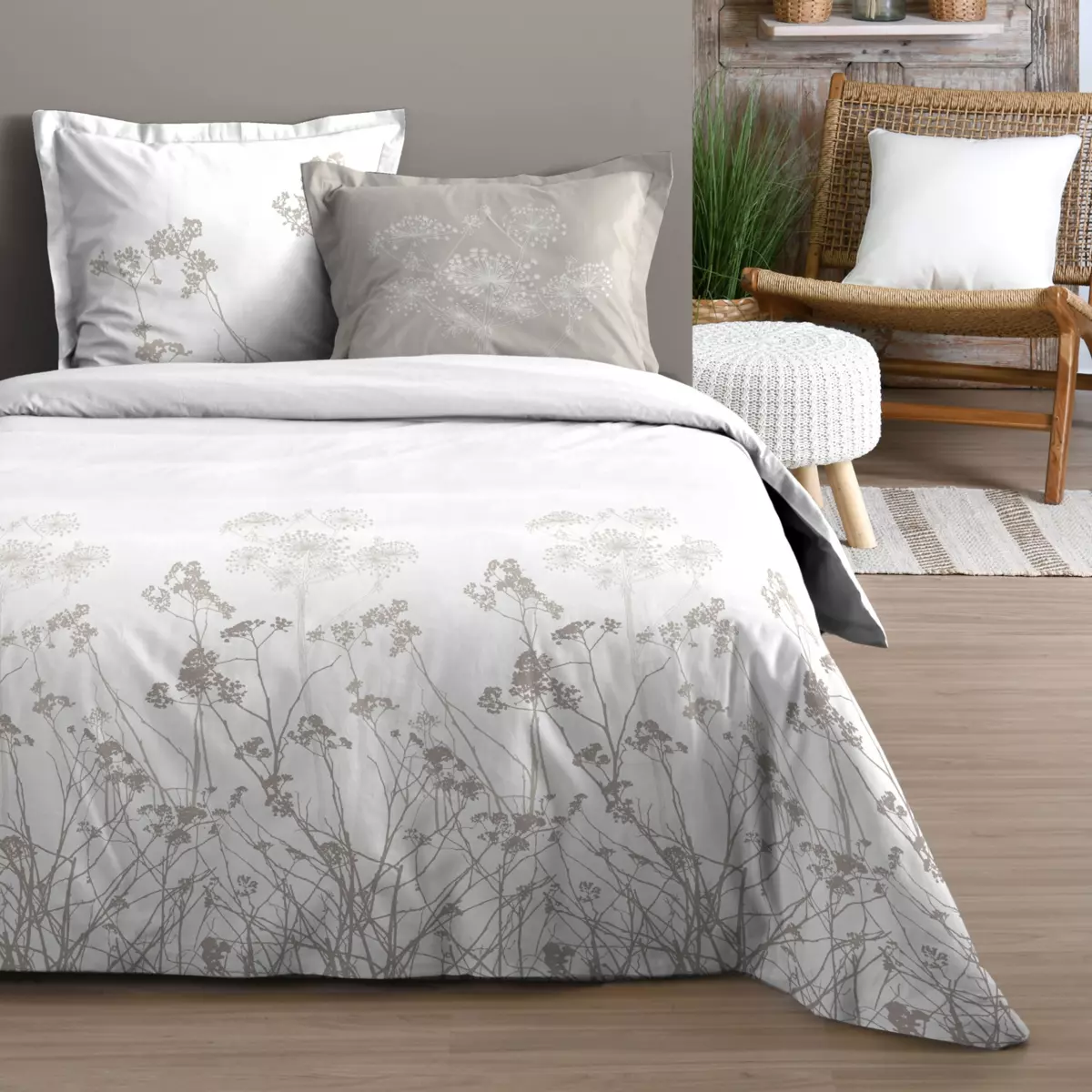 Housse de couette et deux taies coton (240 cm) Astera Ecru 1