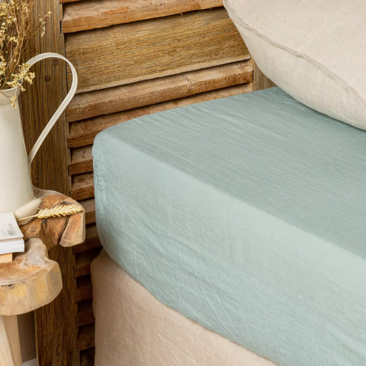 Drap housse lin lavé (160 cm) Louise Vert eucalyptus 1