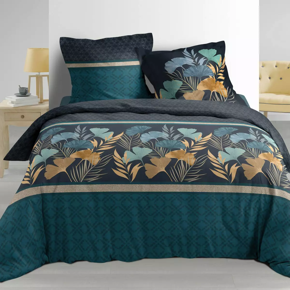 Housse de couette et deux taies percale de coton (240 cm) Blondy Bleue 1