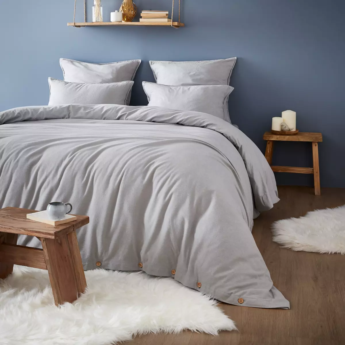 Drap housse flanelle de coton (160 cm) Théa Gris clair 3