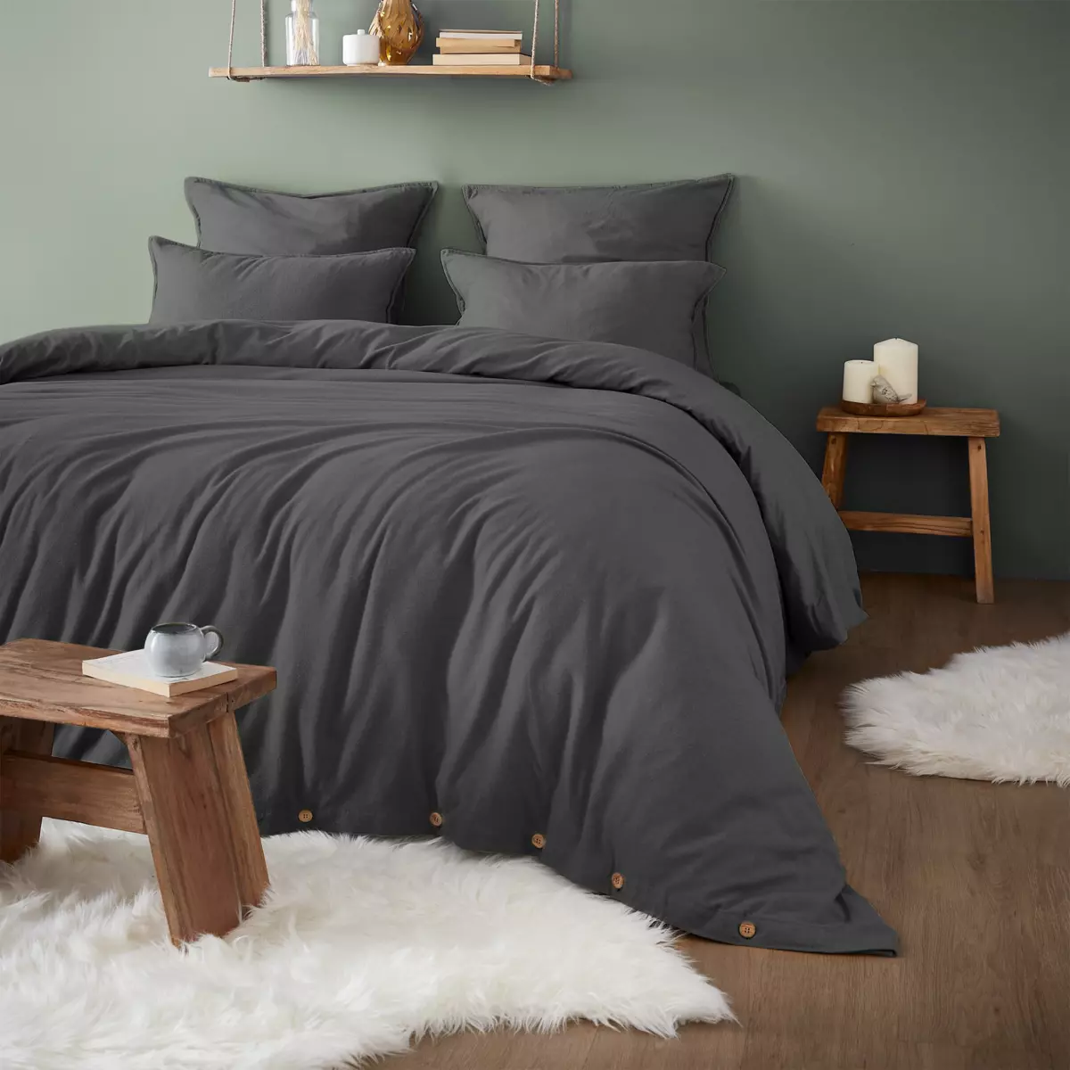Drap housse flanelle de coton (180 cm) Théa Gris anthracite 3