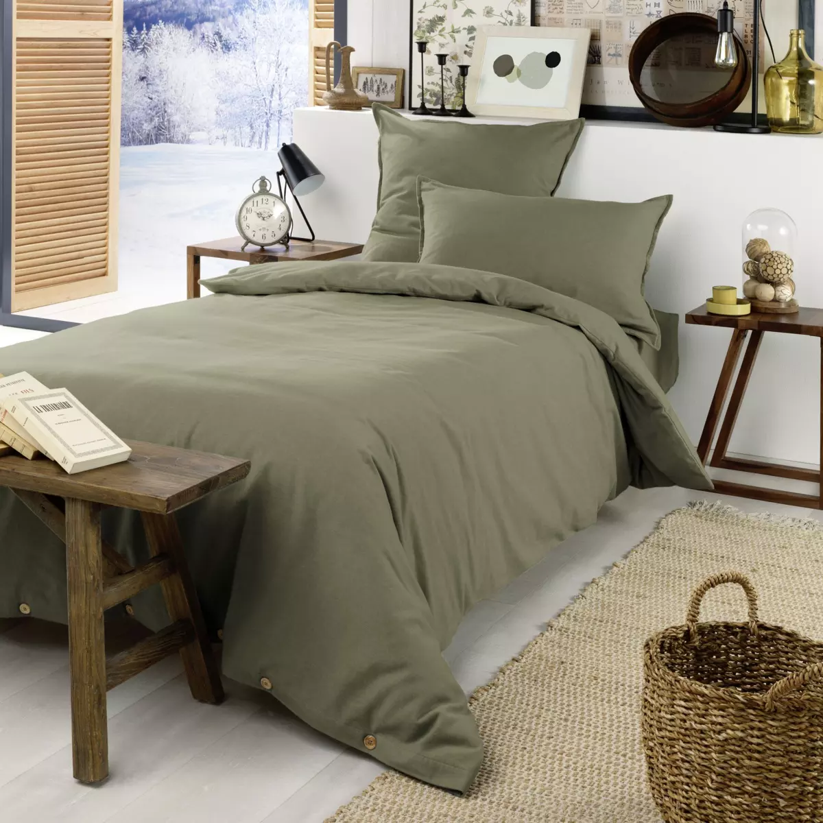Housse de couette flanelle de coton (140 cm) Théa Vert romarin 1