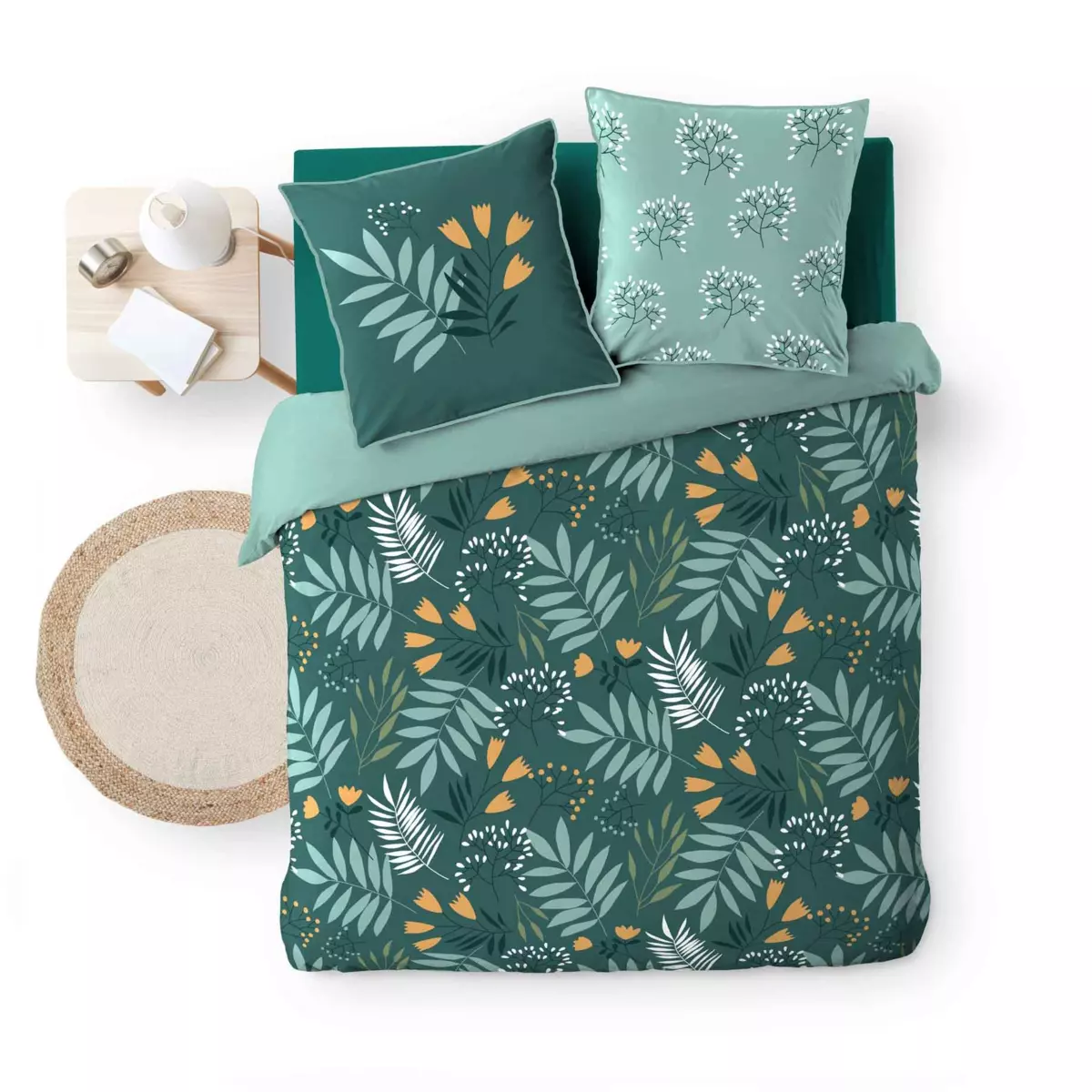 Housse de couette et deux taies coton bio (240 cm) Clémence Verte 5