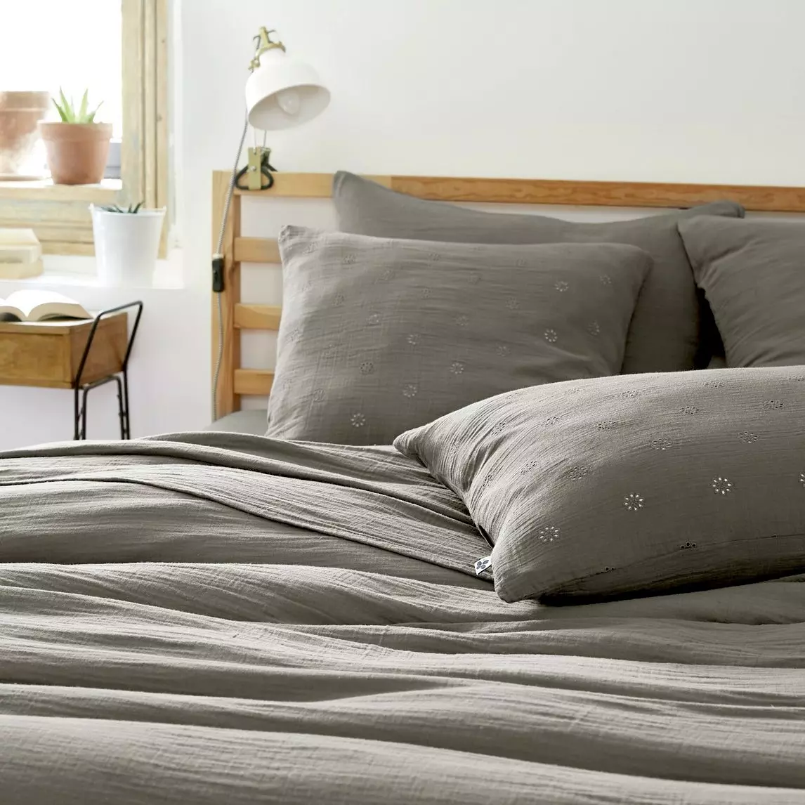 Funda de almohada rectangular de en gasa de algodón  (60 cm) Gaïa Boho Gris granito 1