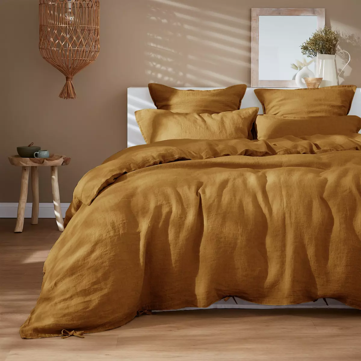 Drap housse lin lavé (160 cm) Louise Caramel