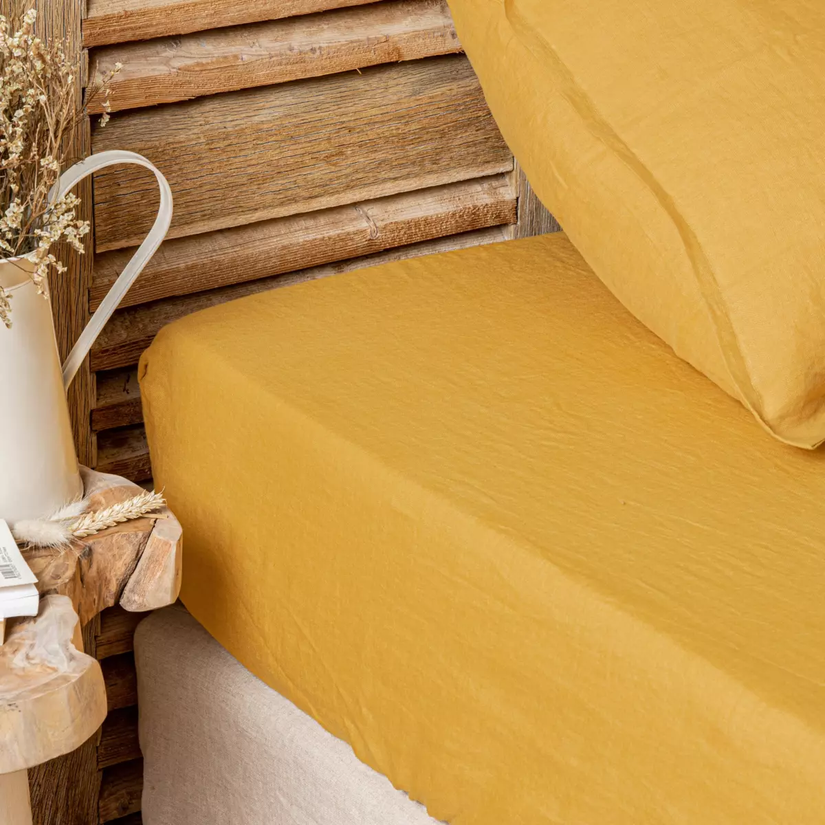 Drap housse lin lavé (180 cm) Louise Jaune moutarde 1