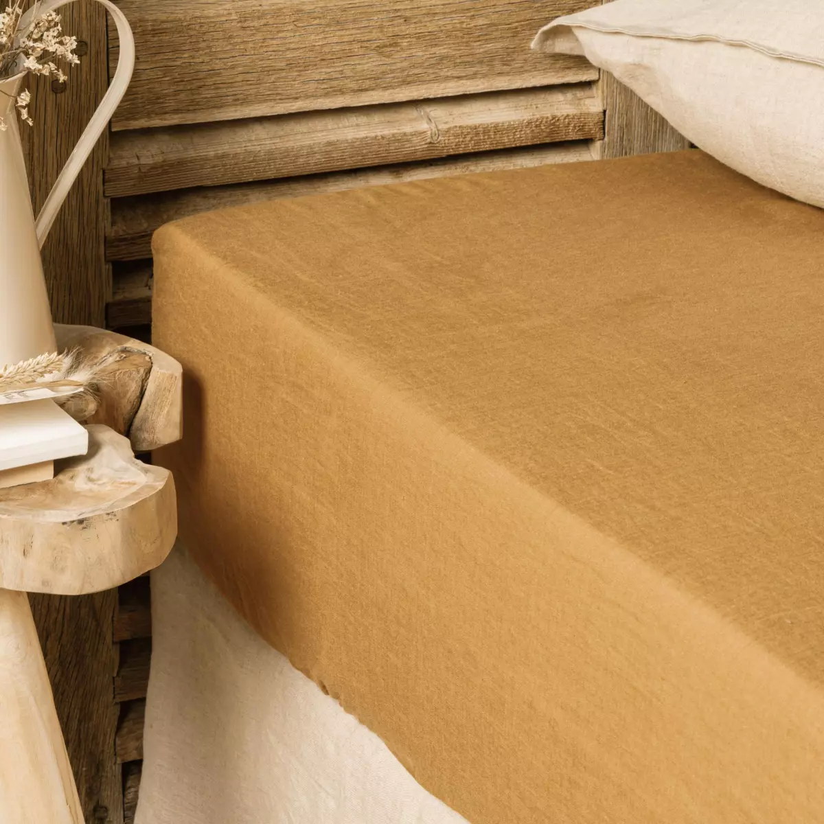 Sábana bajera lino lavado (180 cm) Louise Caramelo 1