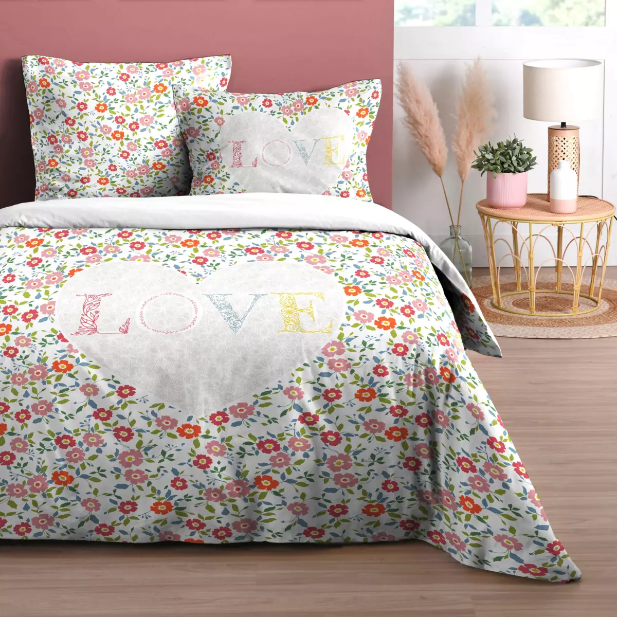 Housse de couette et deux taies coton (260 cm) Fleurette Multicolore 1