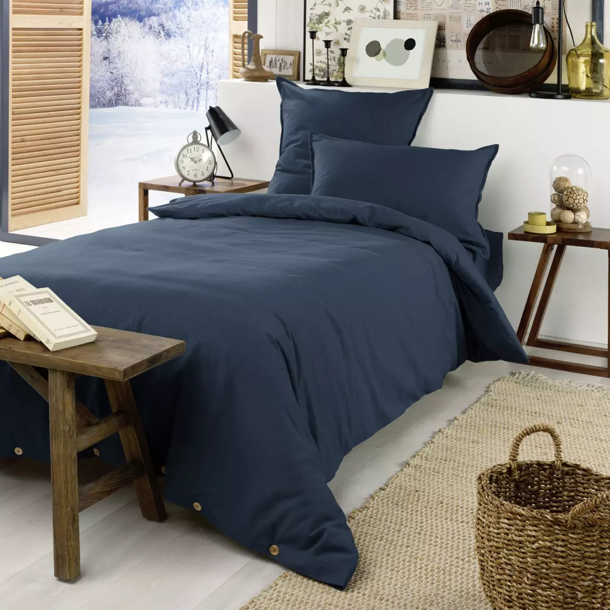 Drap housse flanelle de coton (90 cm) Théa Bleu nuit 4