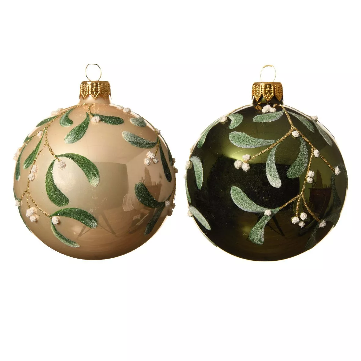 Lot de 6 boules de Noël en verre (D80 mm) Fleurs de gui Perle  1