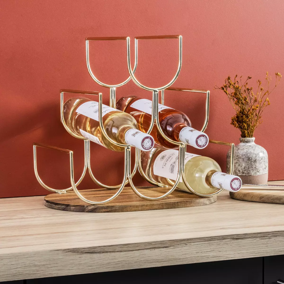 Portabotellas de madera y metal con 6 espacios (H30 cm) Théo Oro 1