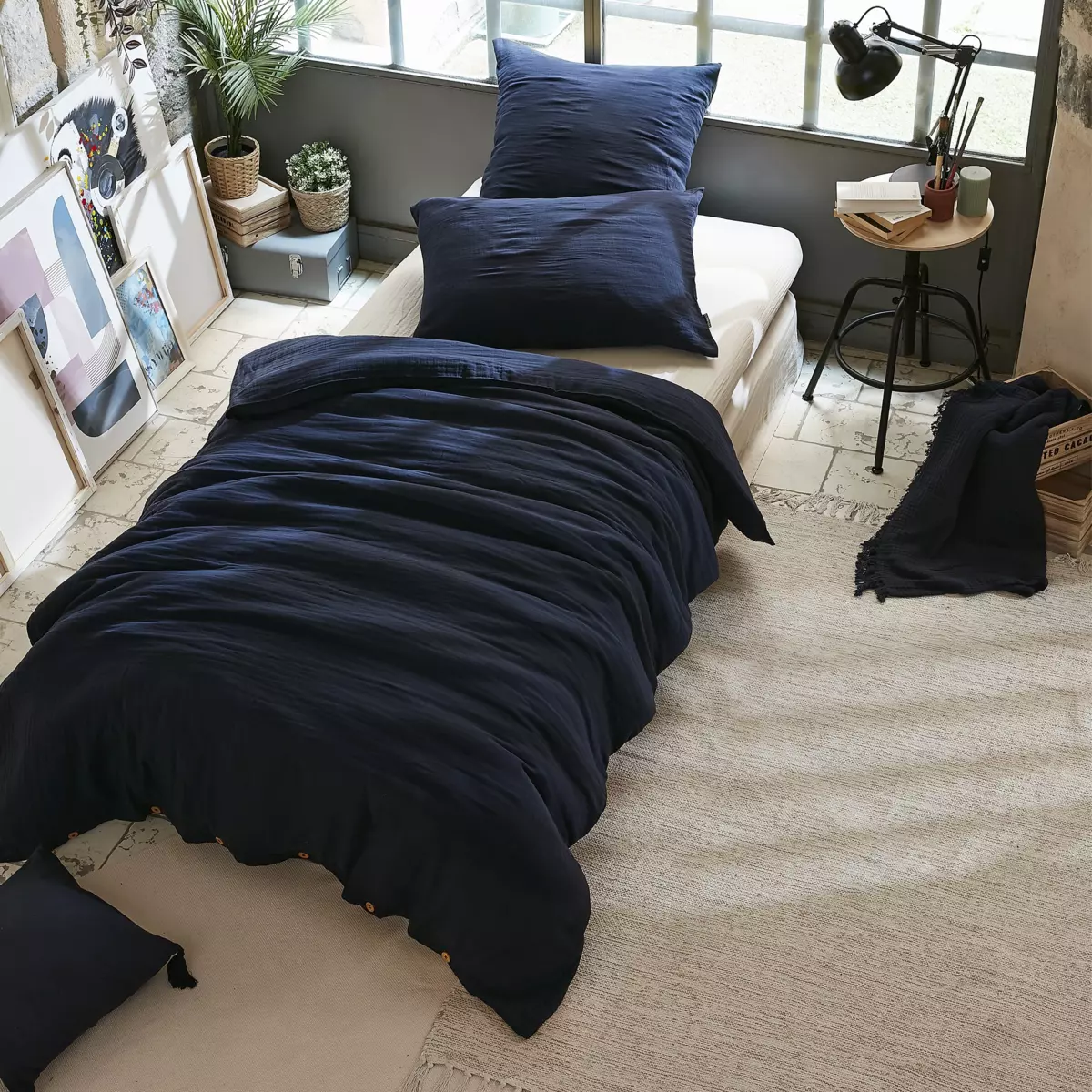 Bettbezug aus Baumwoll-Gaze (140 cm) Gaïa Dunkelblau 1