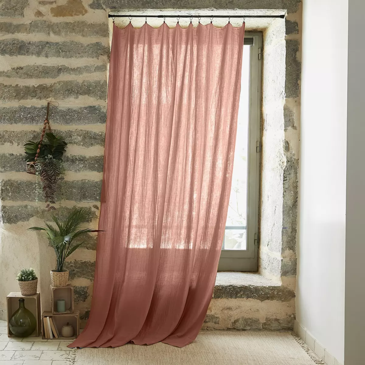 Rideau gaze de coton ajustable (140 x max 300 cm) Gaïa Rose pêche 1