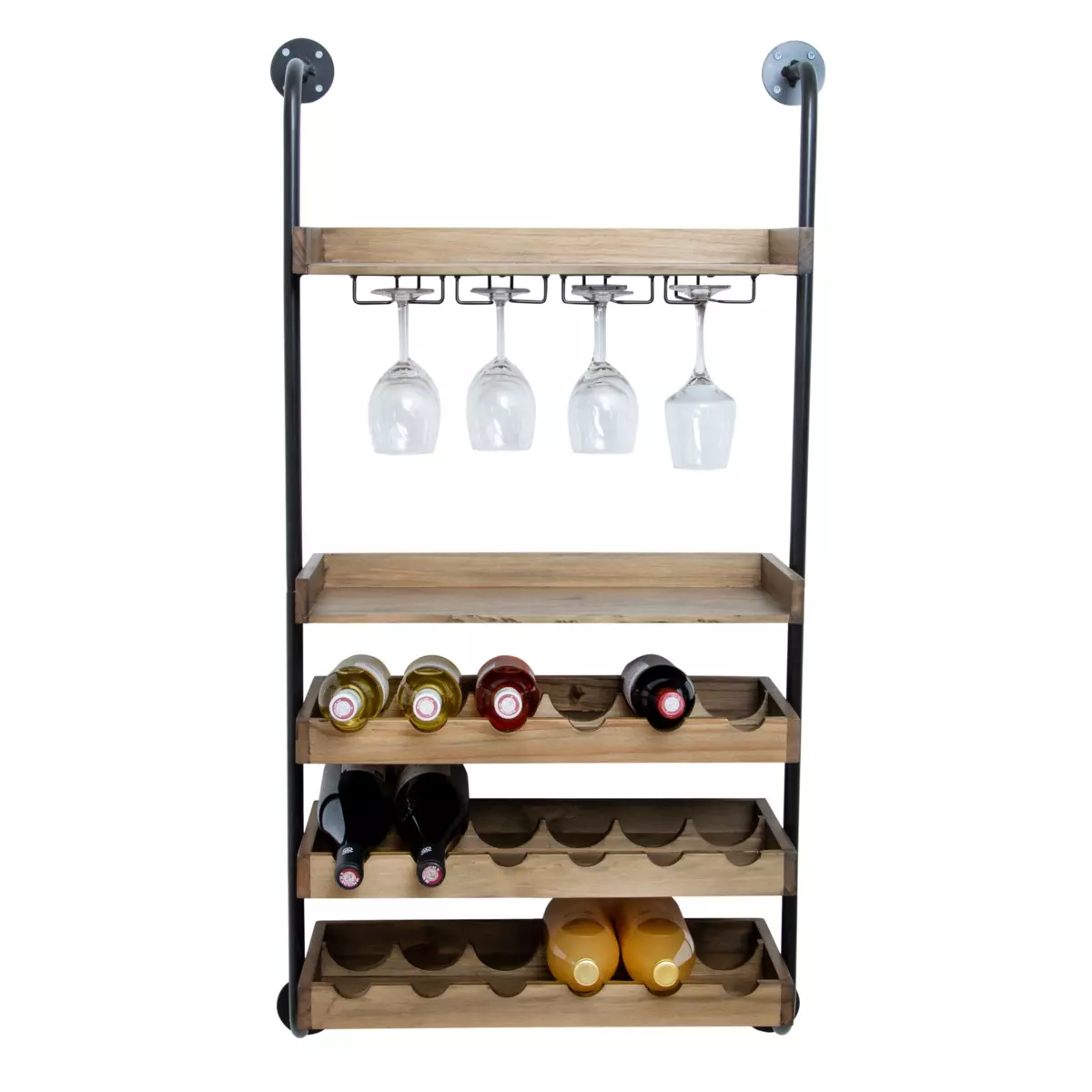 Meuble range-bouteilles mural bois et métal  18 emplacements et porte-verres (H120 cm) Isaac Marron 4
