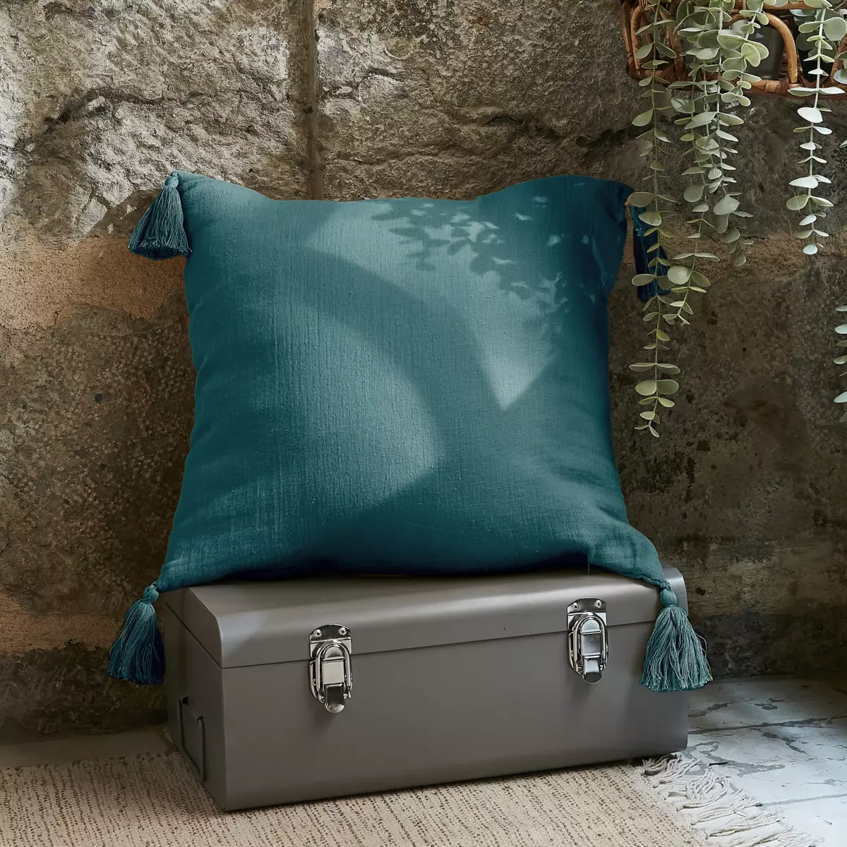 Cojín cuadrado en gasa de algodón (40 cm) Gaïa Azul Trullo 1