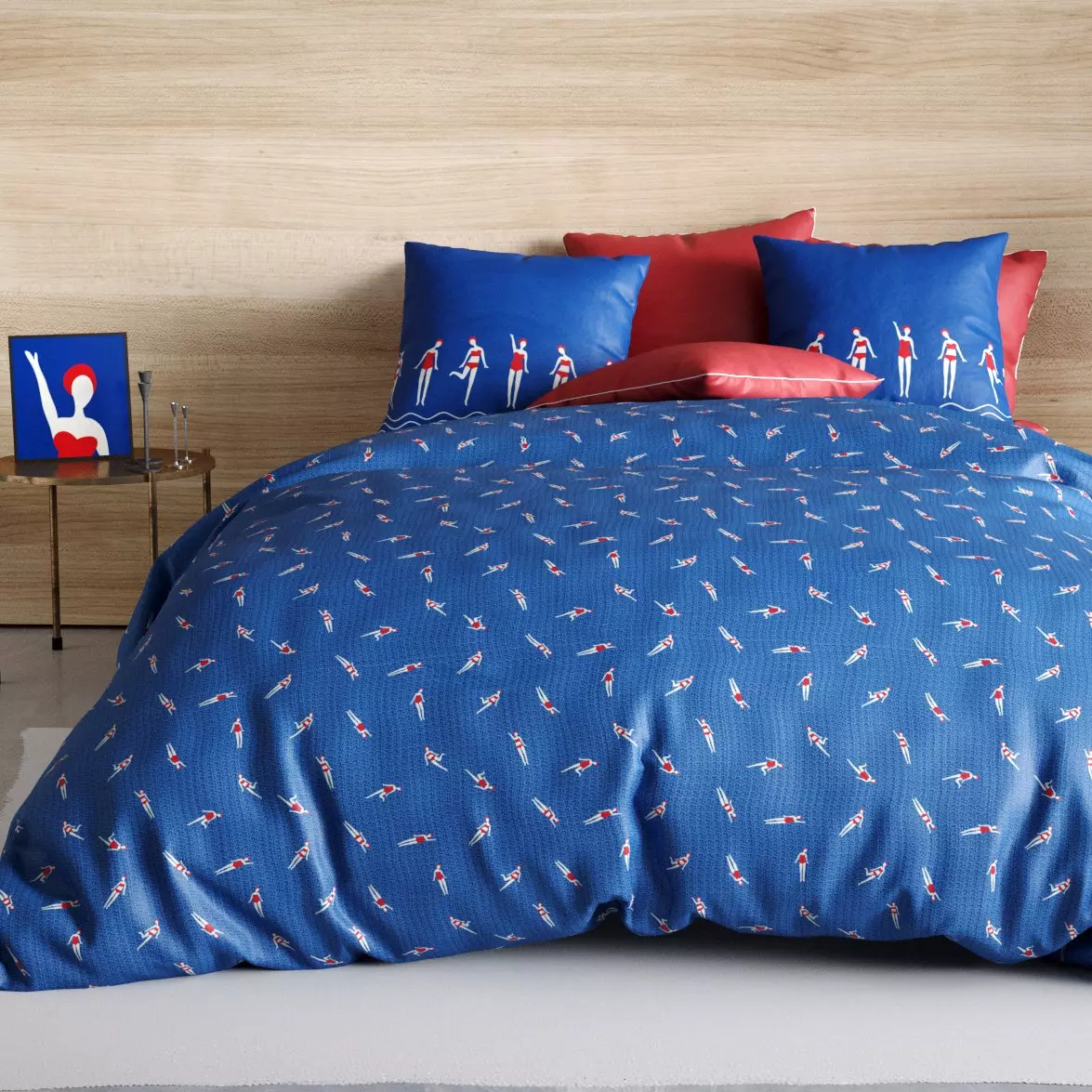 Housse de couette et deux taies coton (260 cm) Baigneuses Bleue