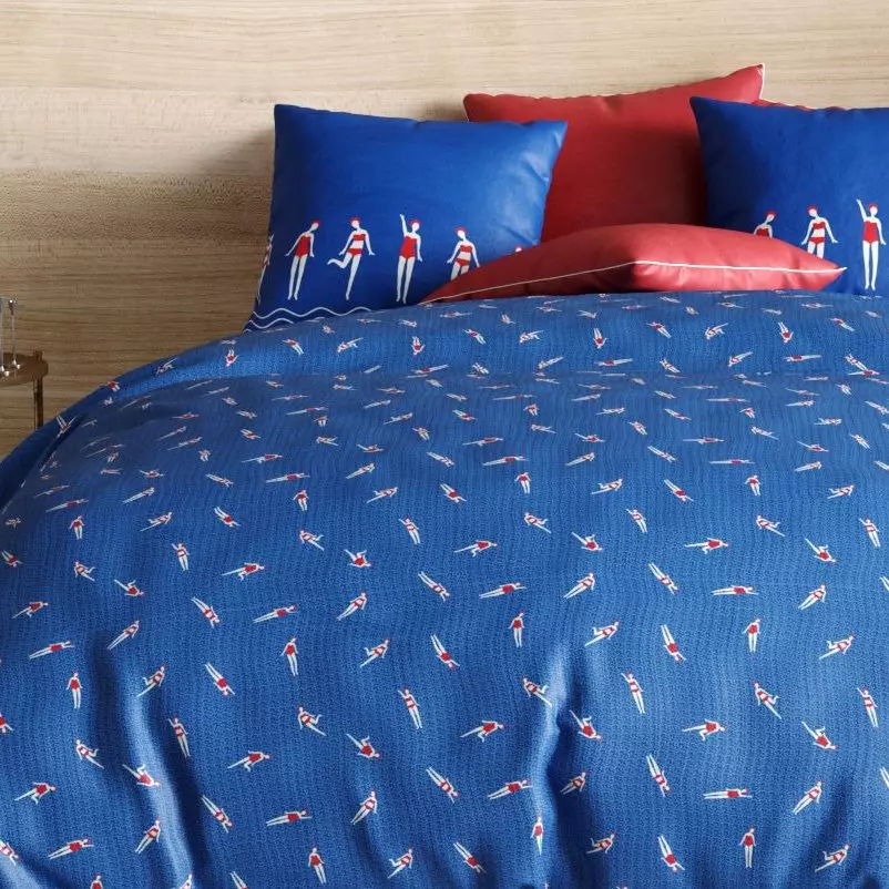 Housse de couette et deux taies coton (260 cm) Baigneuses Bleue