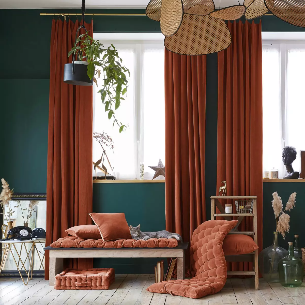 Rideau velours de coton ajustable (140 x max 270 cm) César Terracotta 1