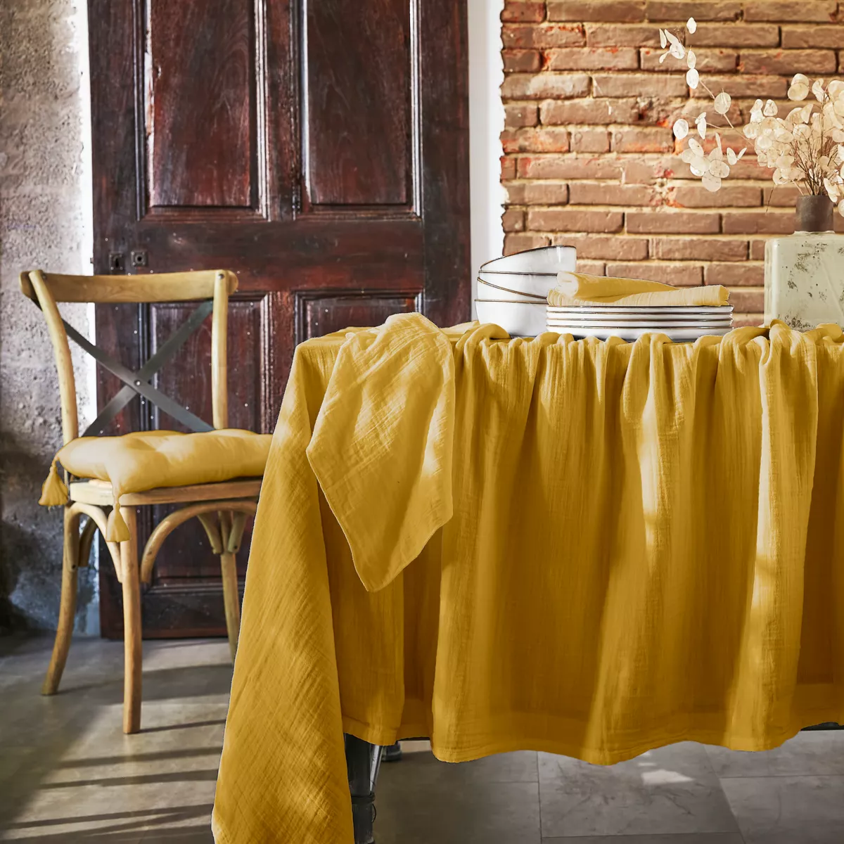Mantel rectangular en gasa de algodón (L250 cm) Gaïa Amarillo azafrán 1