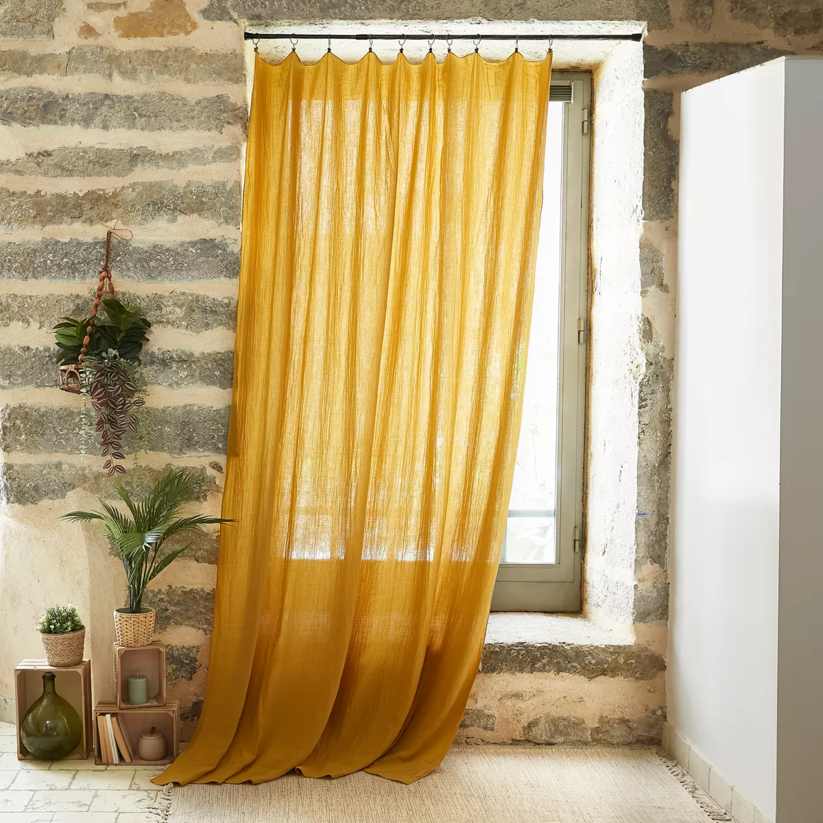 Cortina en gasa de algodón ajustable (180 x max 300 cm) Gaïa Amarillo safran 1