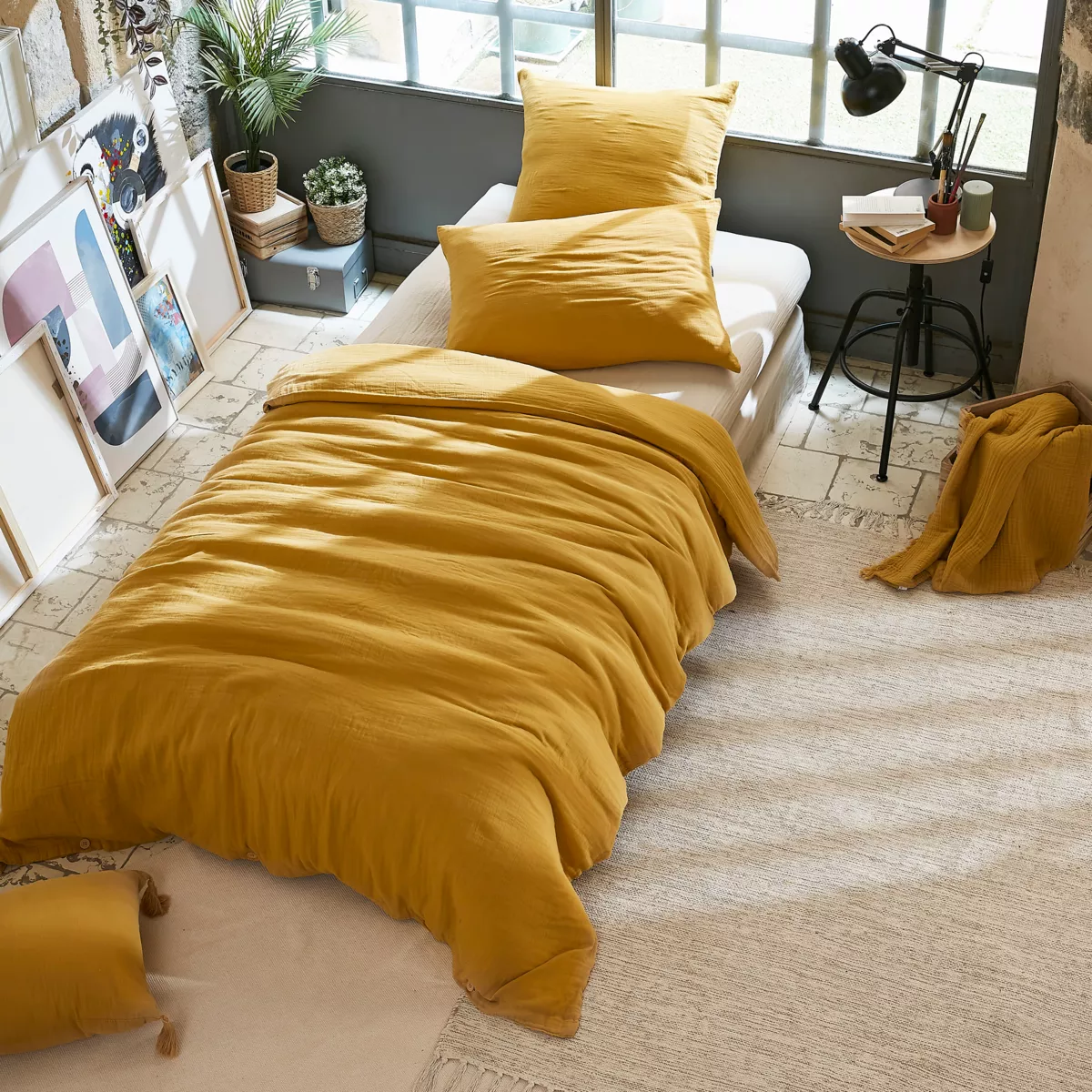 Drap housse gaze de coton (90 cm) Gaïa Jaune safran 4