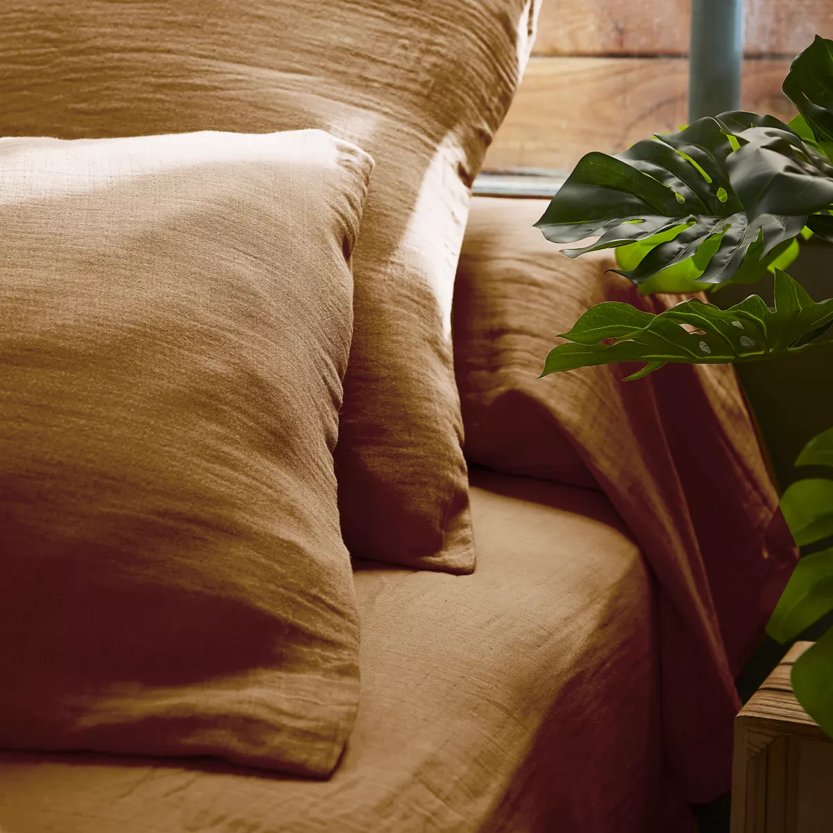 Rechteckiger Kopfkissenbezug aus Baumwoll-Gaze (70 cm) Gaïa Camel 4