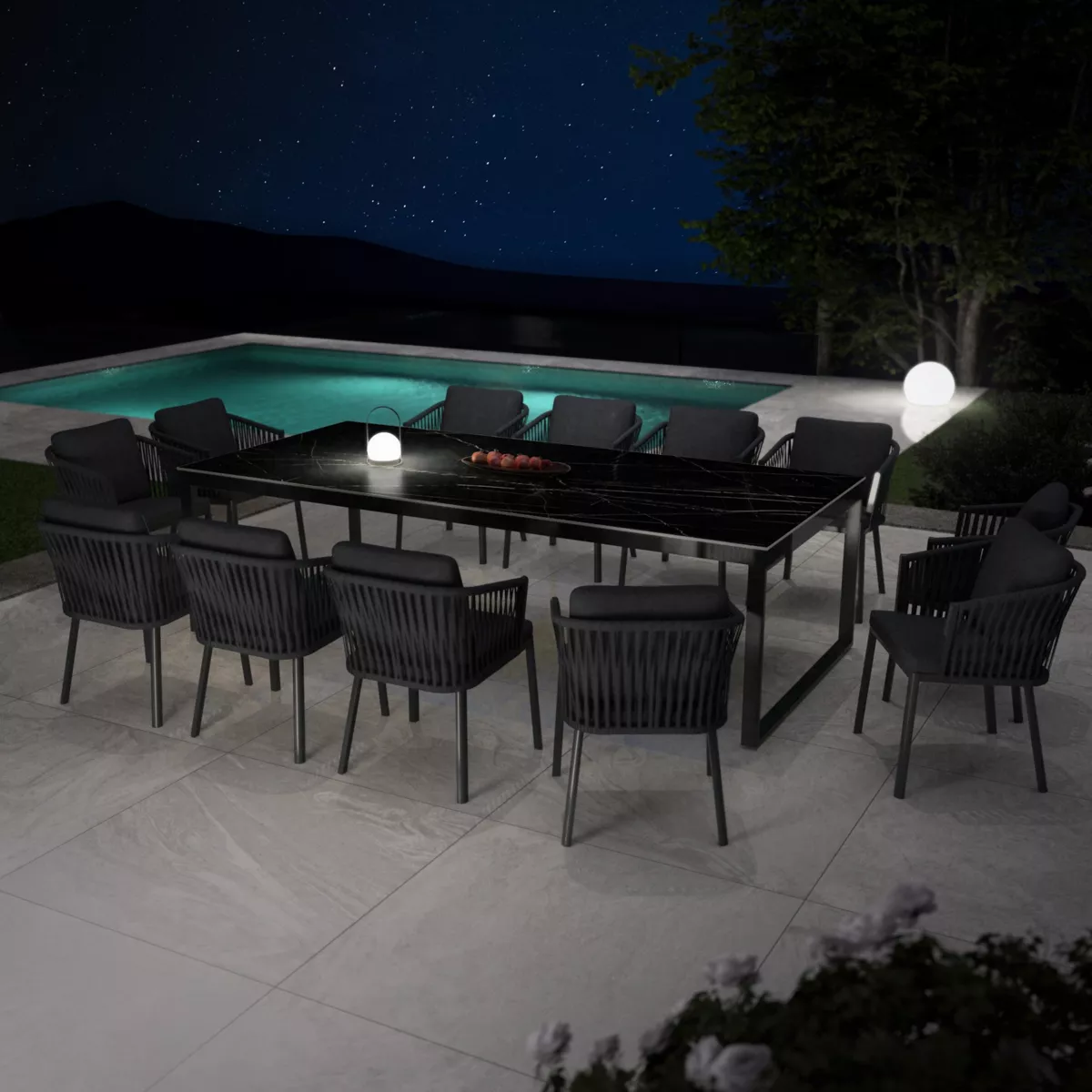 Table de jardin 12 places Aluminium/Céramique Kore (260 x 120 cm) - Noir/Noir marbré