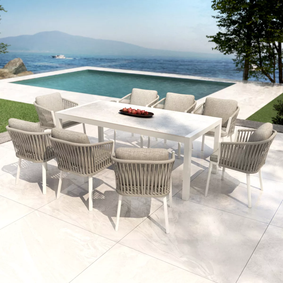 Mesa de jardín 8 personas Aluminio/Cerámica Modena (180 x 90 cm) - Blanco/Gris