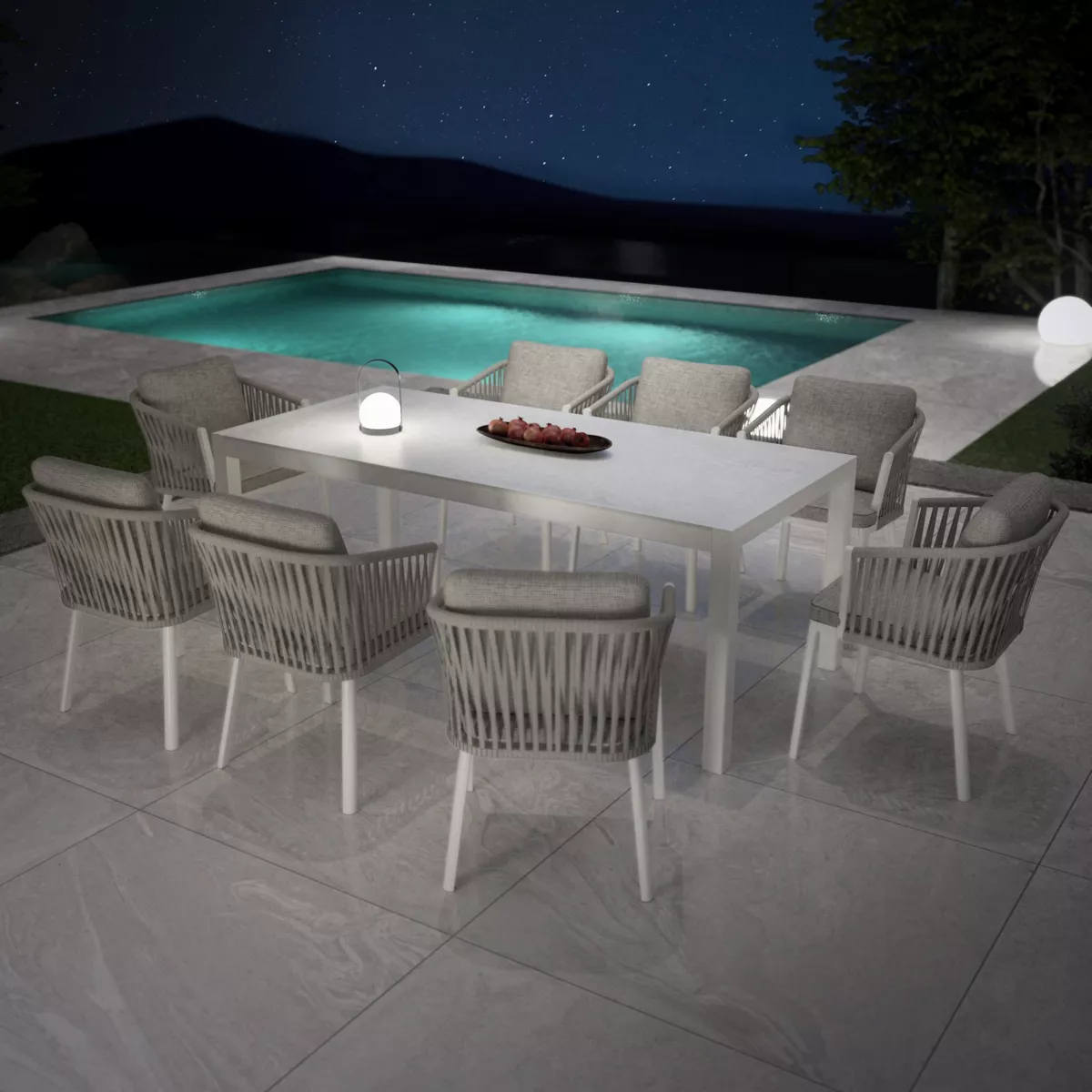 Table de jardin 8 places Aluminium/Céramique Modena (180 x 90 cm) - Blanc/Gris