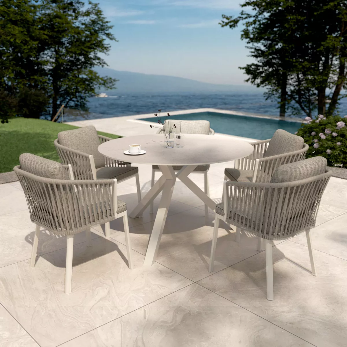 Mesa de jardín 6 personas Aluminio/Cerámica Kore (D120 cm) - Blanco/Gris claro
