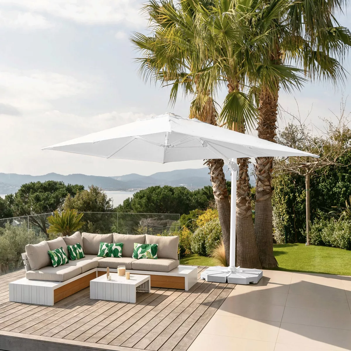 Parasol déporté rectangulaire (L4 x 3m) Yucatan - Aluminium et Blanc