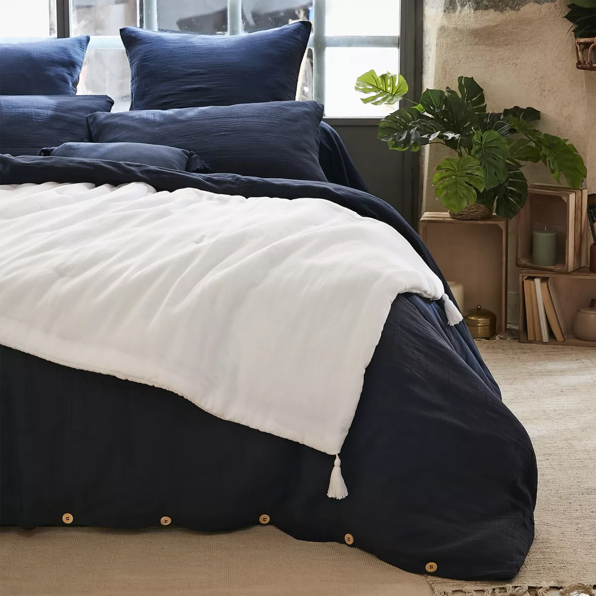 Edredón en gasa de algodón (150 x 150 cm) Blanco Chantilly 1