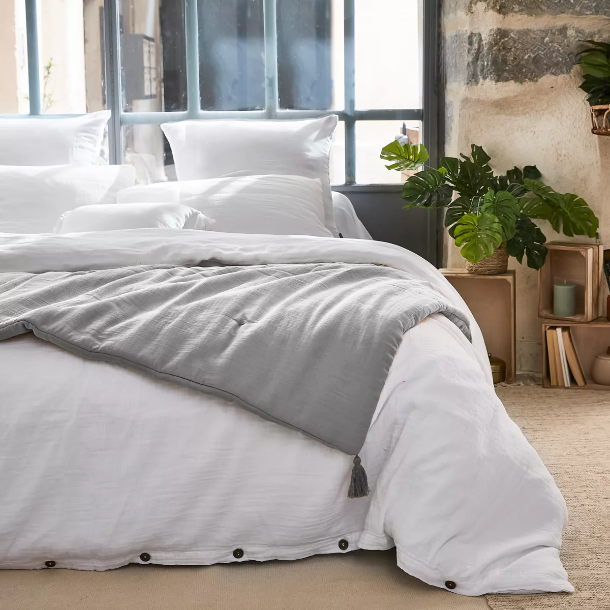 Edredón en gasa de algodón (150 x 150 cm) Gaïa Gris nube 1