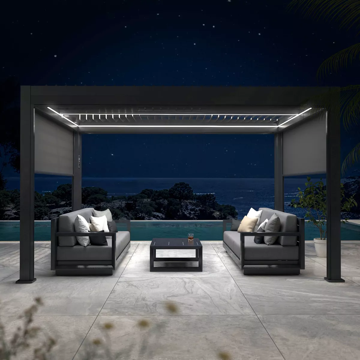 Motorisierte bioklimatische Wandpergola Aluminium und LED (3 x 4 m) New Anthrazitgrau