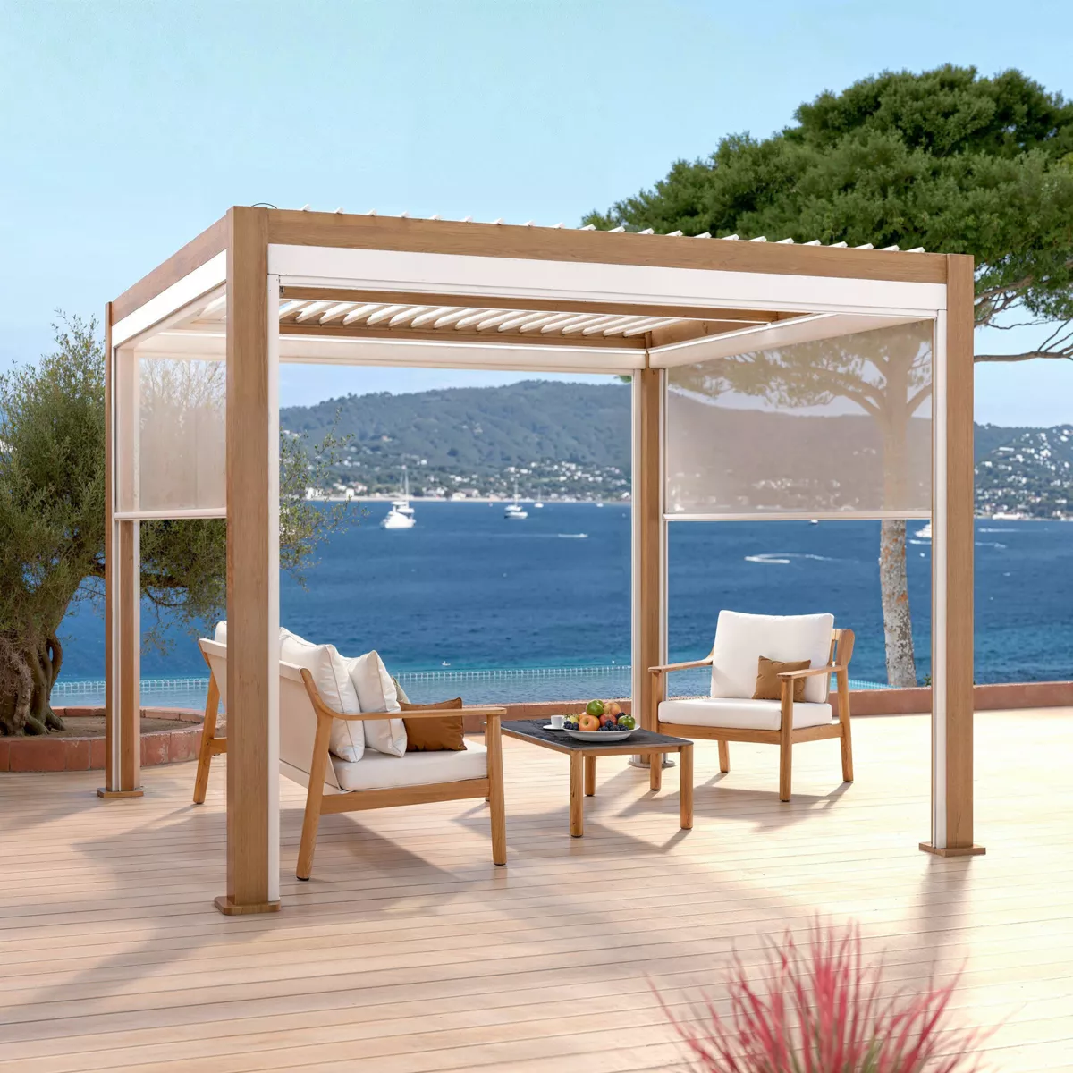 Pergola bioclimatique autoportée motorisée aluminium (3 x 3 m) LED - Bois