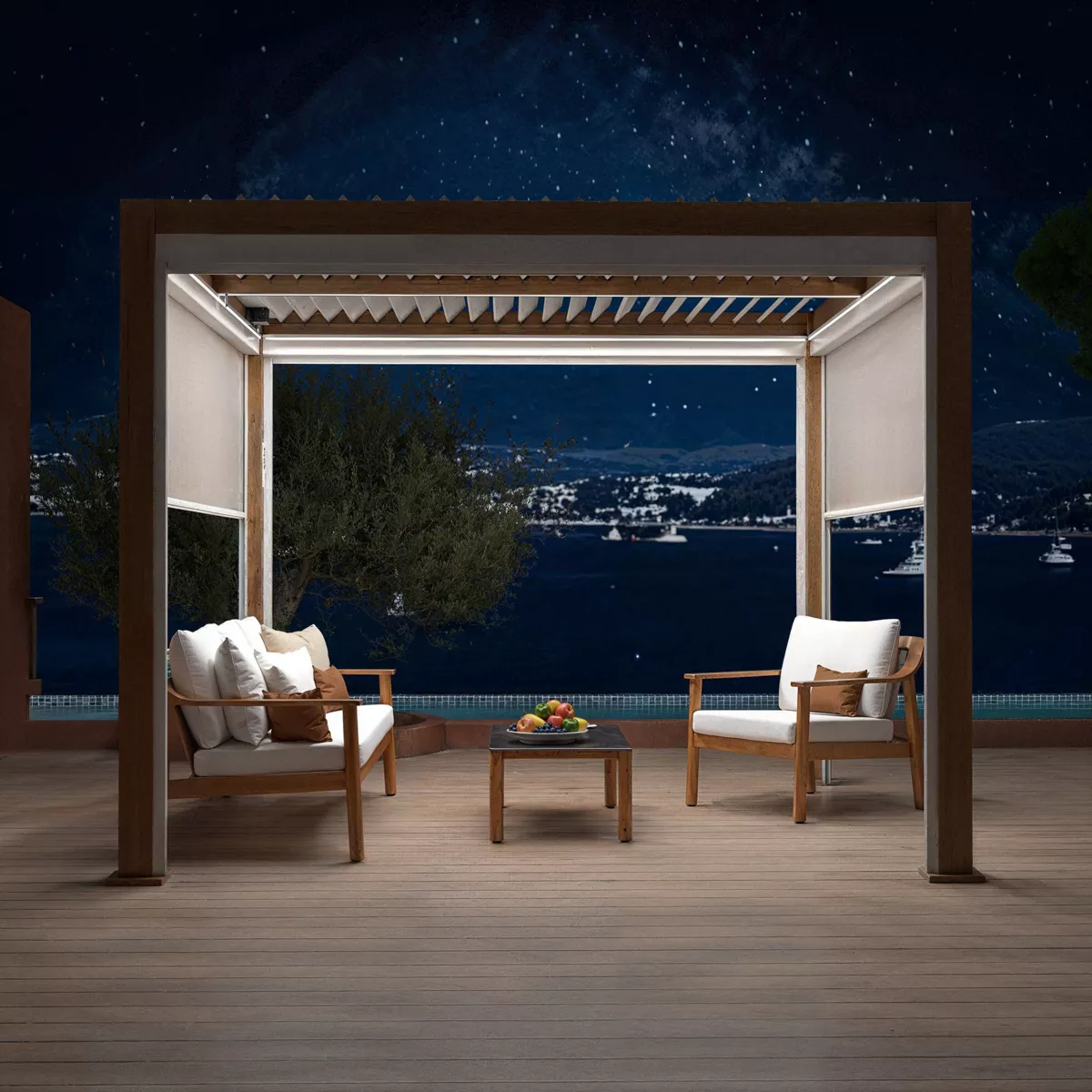 Pergola bioclimatique autoportée motorisée aluminium (3 x 3 m) LED - Bois