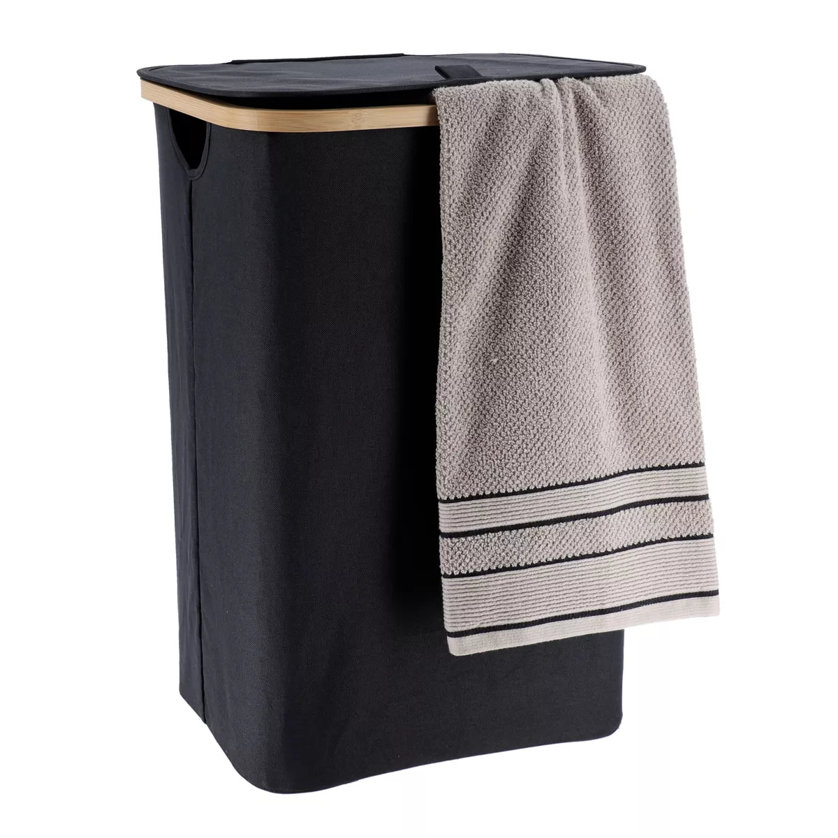 PANIERE A LINGE RECTANGULAIRE PLIABLE AVEC COUVERCLE POLYESTER ET CERCLAGE BAMBOU - NOIR/BAMBOU