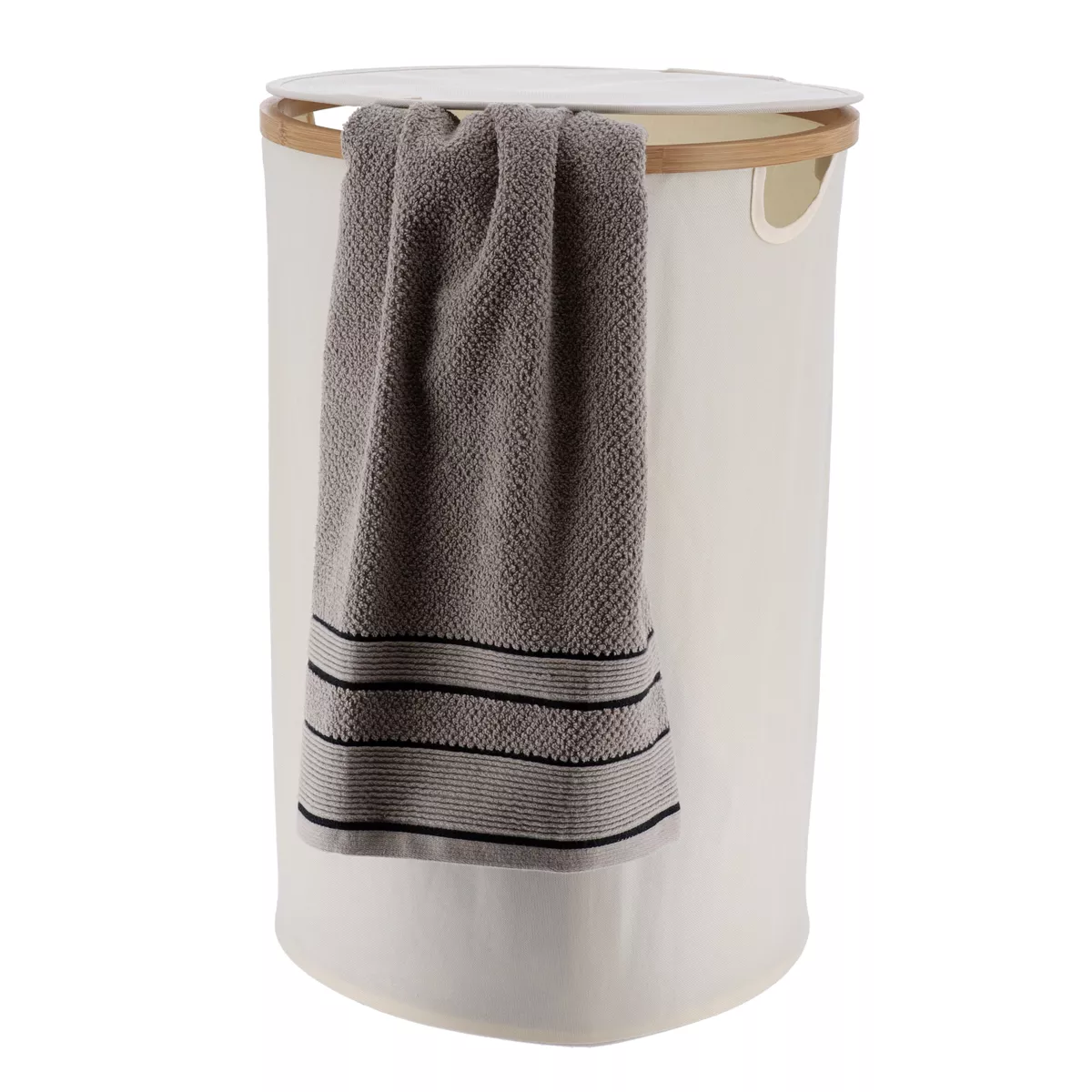 PANIERE A LINGE RONDE PLIABLE AVEC COUVERCLE POLYESTER CERCLAGE BAMBOU - NATUREL/BAMBOU