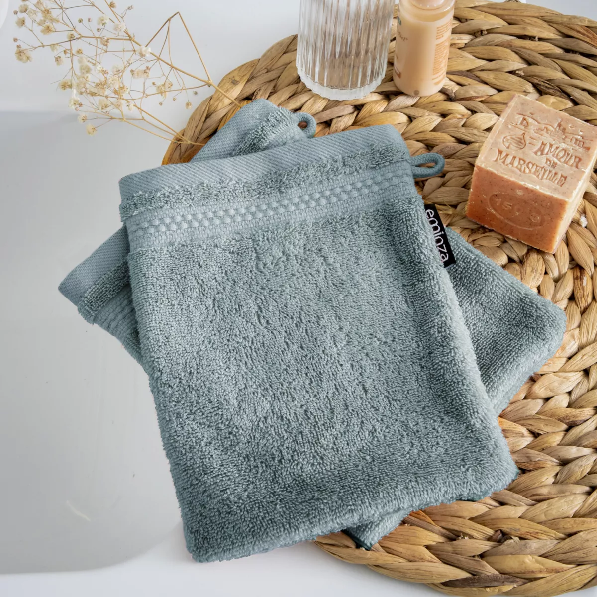 Lot de 2 gants de toilette coton bio (15 x 21 cm) Méline Bleu glacier